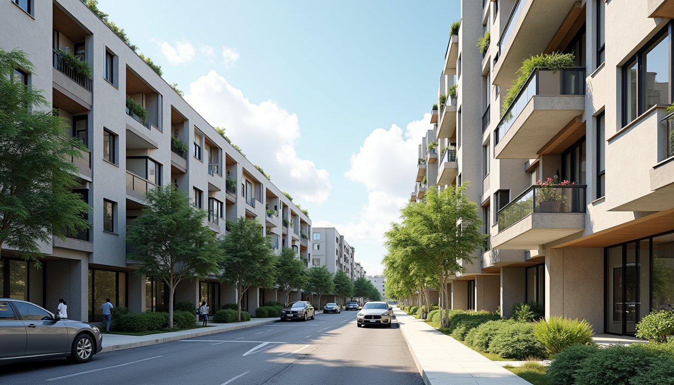 Modern affordable apartment buildings in a clean urban neighborhood, sidewalks, greenery, parked cars, bright daylight, realistic city housing environment