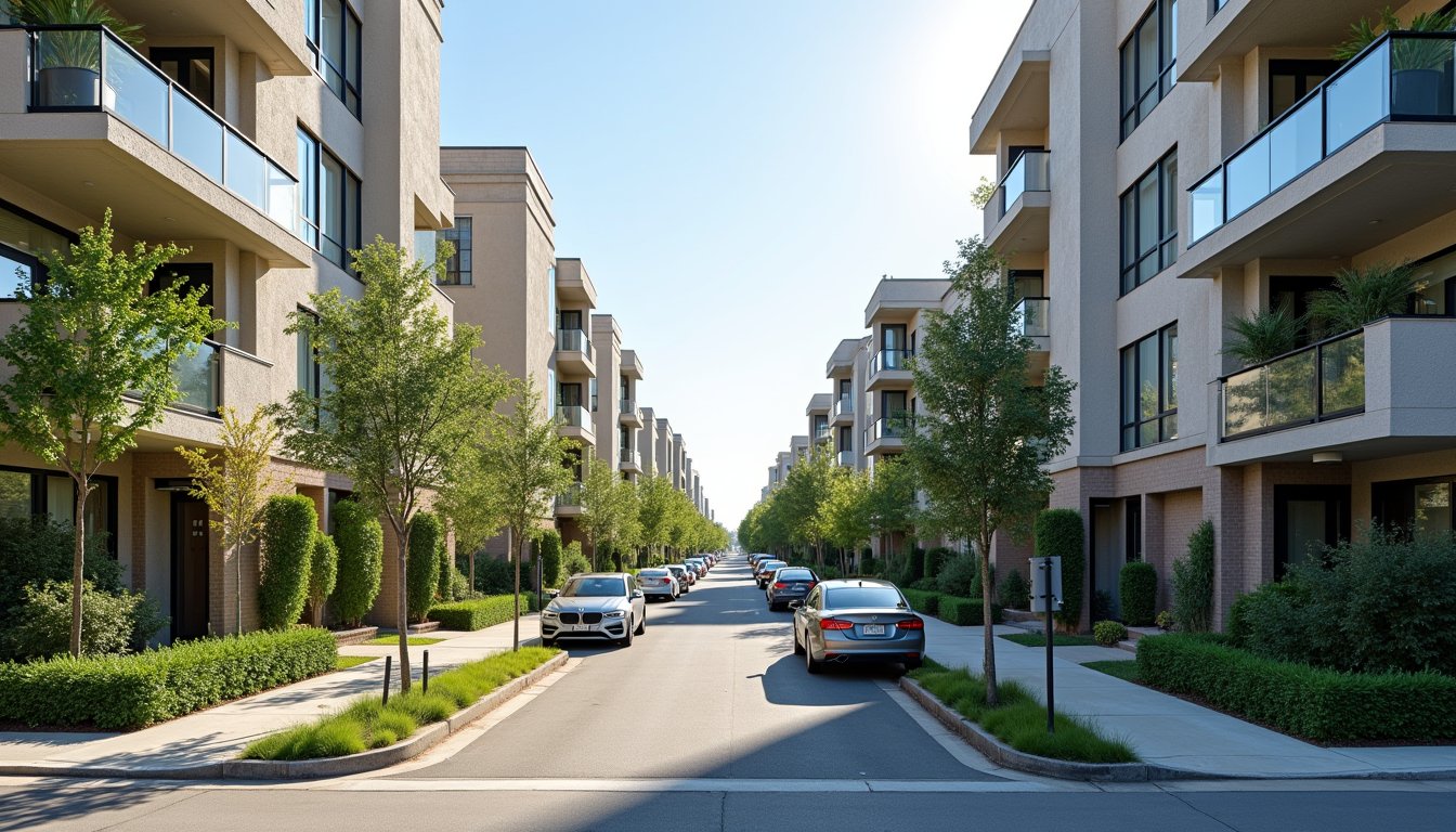 Modern affordable apartment buildings in a clean urban neighborhood, sidewalks, greenery, parked cars, bright daylight, realistic city housing environment